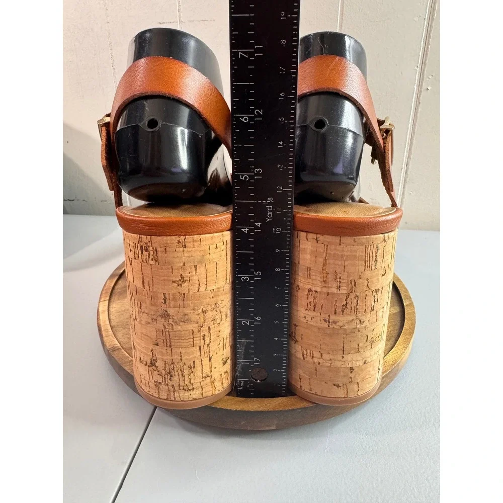 Platform Sandals Womens 8.5 Brown Cork Block Heel Buckle Ankle Strap EUC
